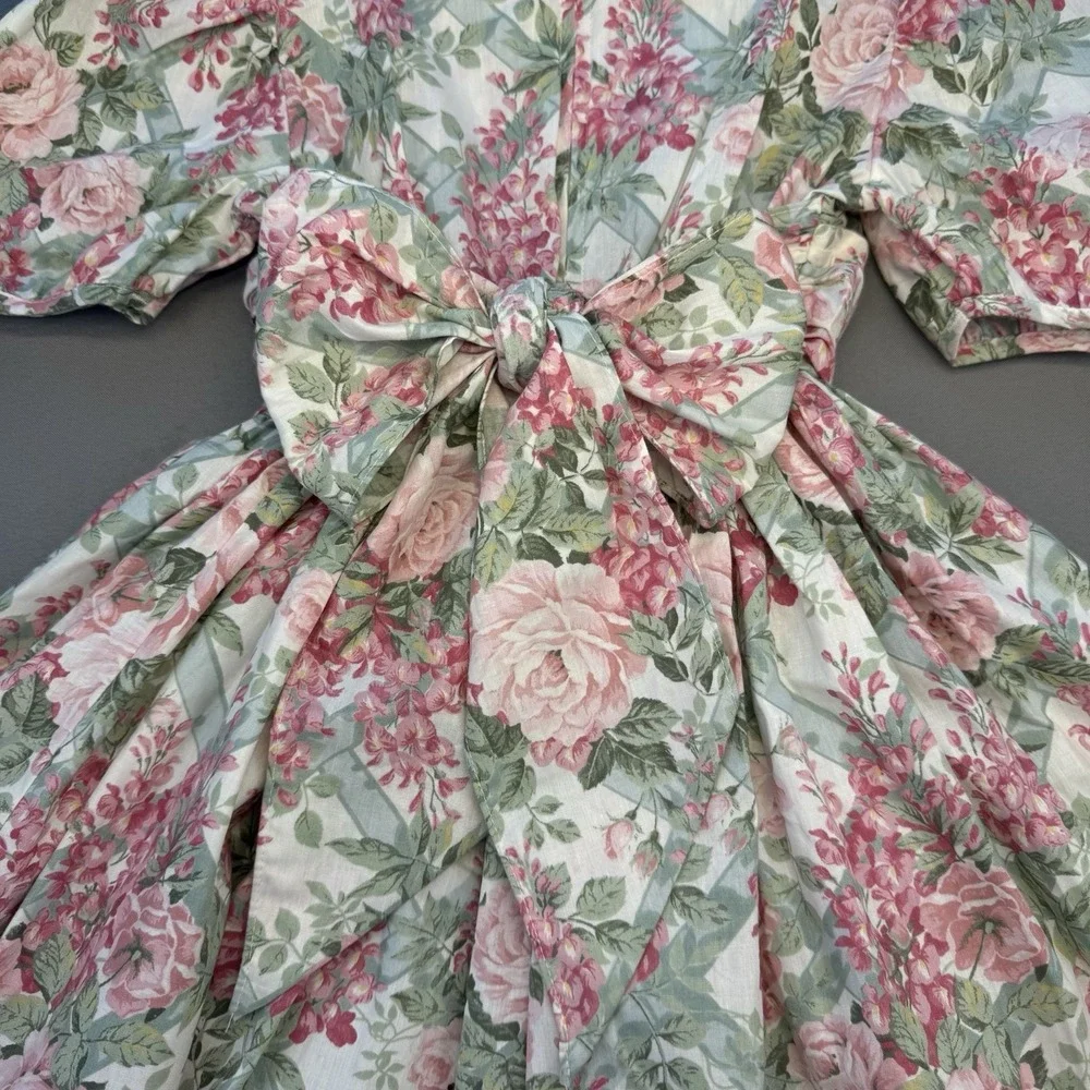 Bonnie Jean Girls Size 7 Floral Flowers Lace Multicolor Dress Puff Sleeves Bow